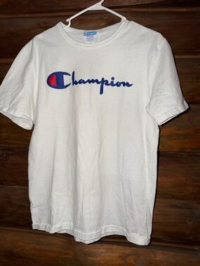 Champion Men's White Crewneck Logo T-Shirt Size-M